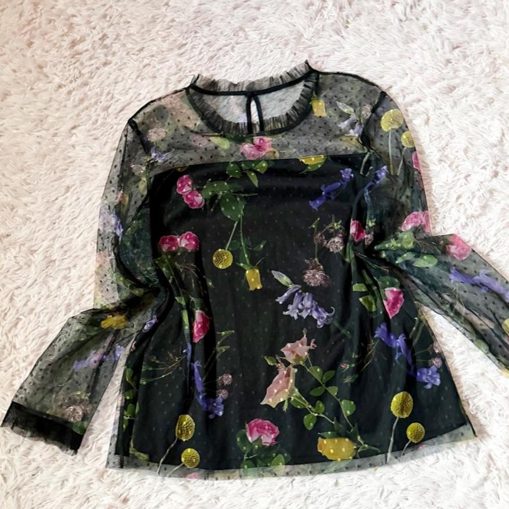 Floral Whimsygoth Dark Fairy Tulle Overlay Ruffle High Neck Top Womens XXL Boho